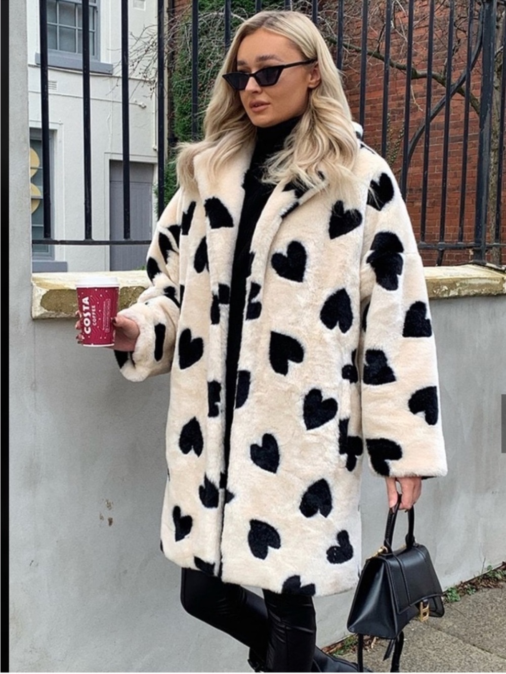 NWT Stoosh | Women’s Cream/Black Heart Print Faux Fur Snap Front Collared Coat S